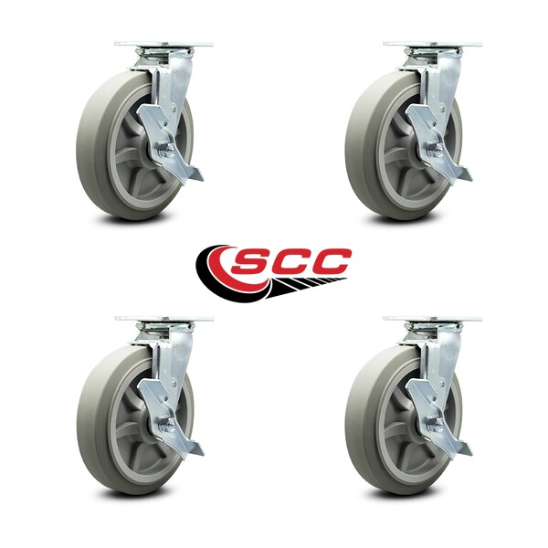 8 Inch Thermoplastic Rubber Swivel Caster Set with Ball Bearings and Brakes SCC